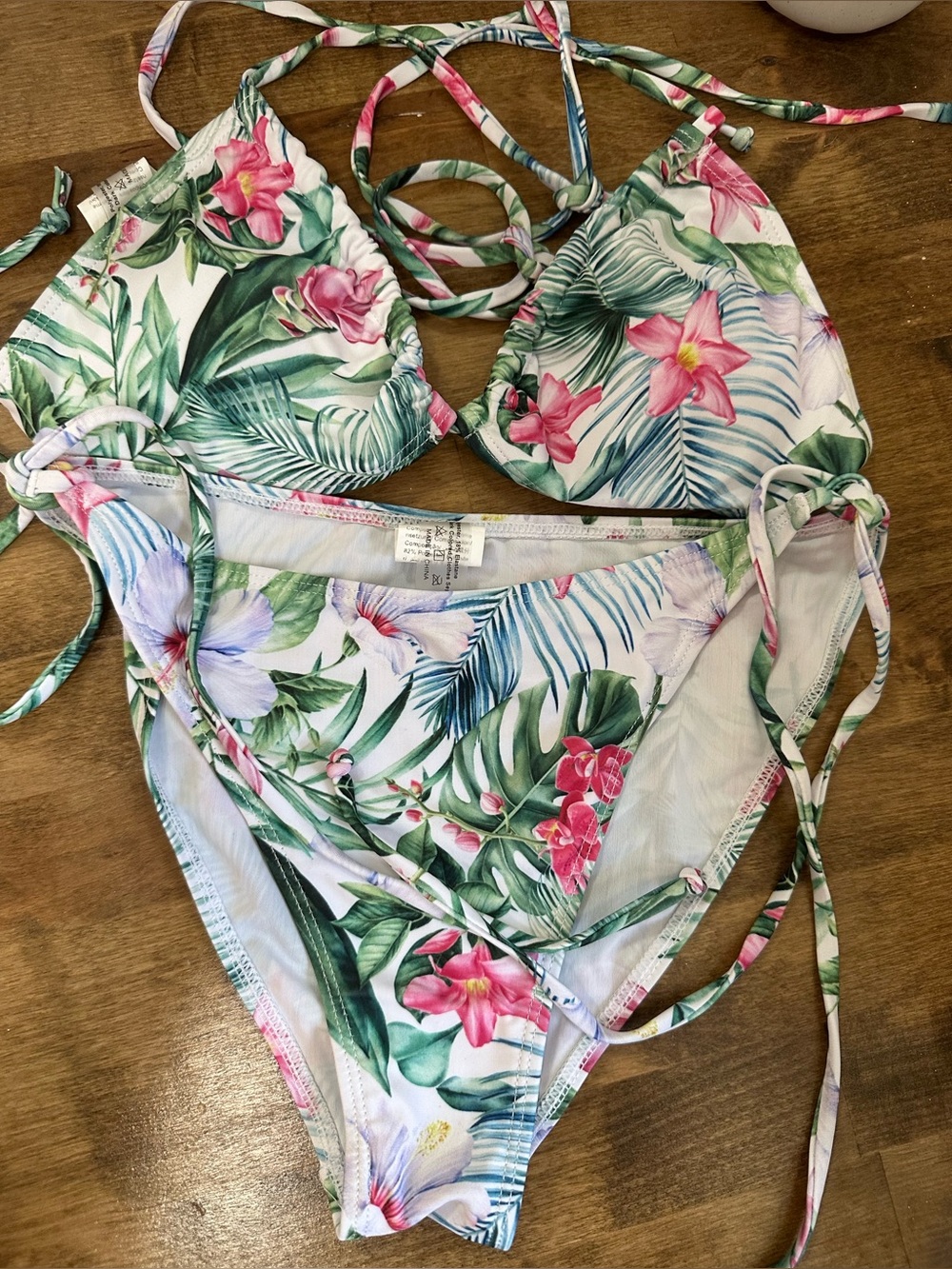 Floral Tie-Side Bikini Set - White with Pink & Green Floral Print